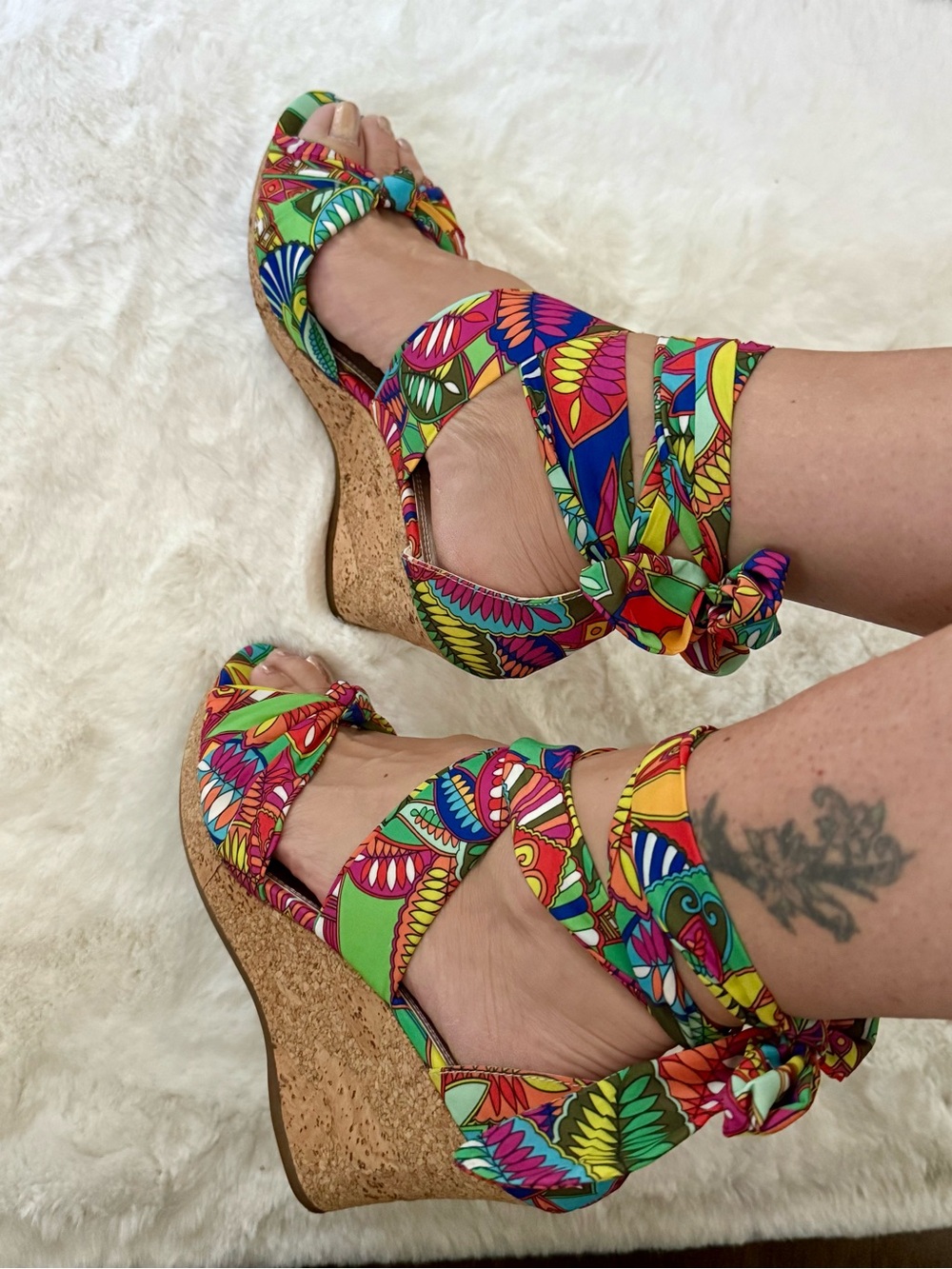 Colorful Tie-Wrap Cork Wedge Sandals - Women's Green Multicolor